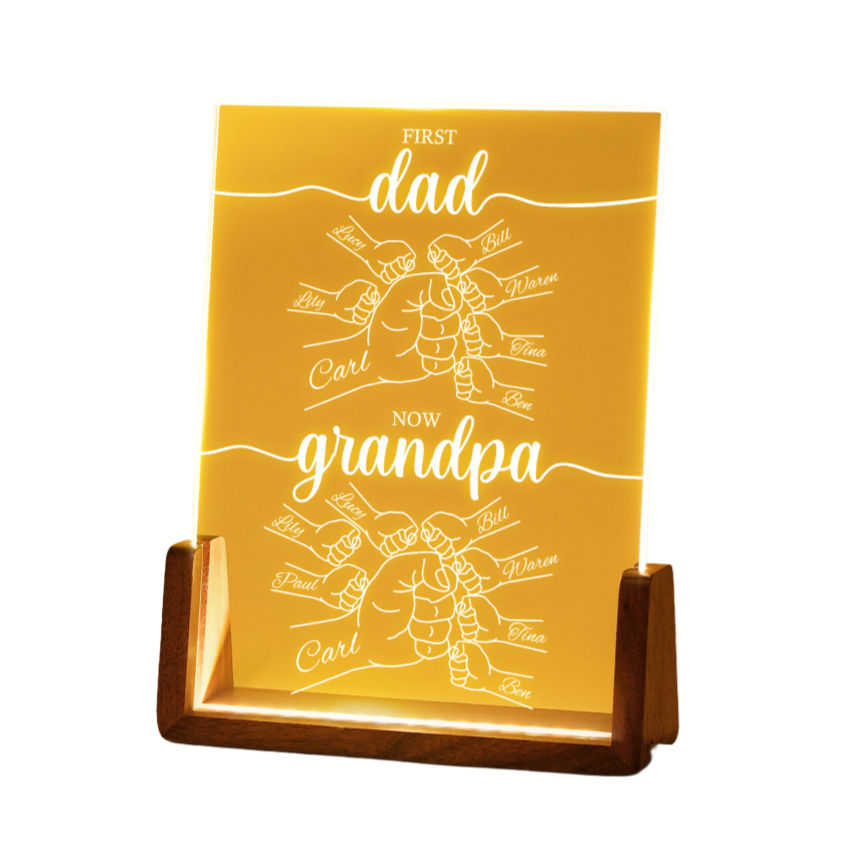 First Dad Now Grandpa Acrylic Night Light with Walnut Base with Custom Name – Personalized Gifts For Grandpa