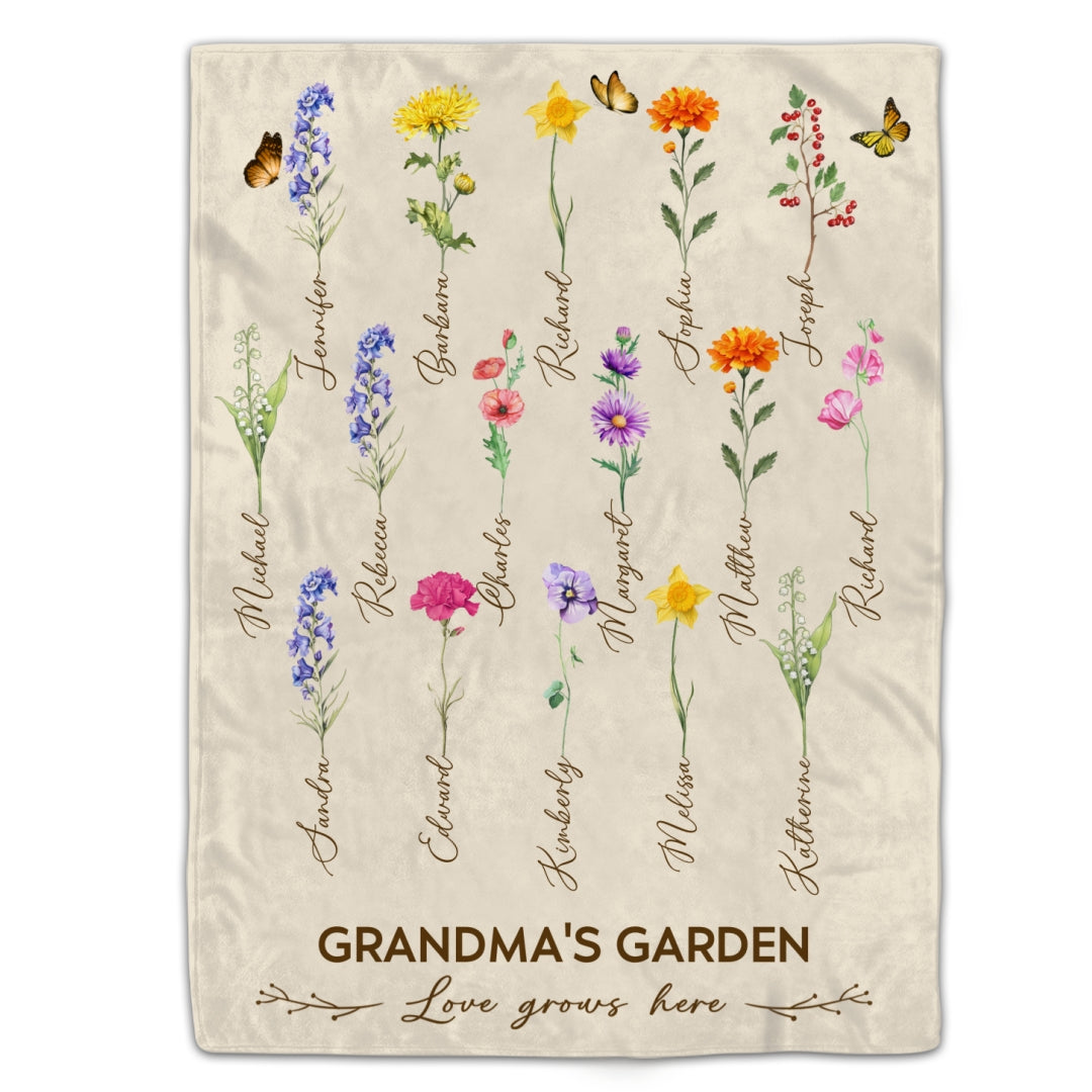 Grandma's Garden Birth Month Flower Personalized Blanket For Grandma