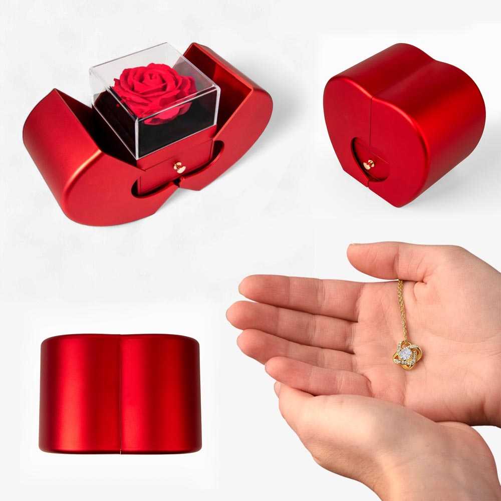 Love Knot Necklace with Red Heart Rose Box - Luxury Gift For Her