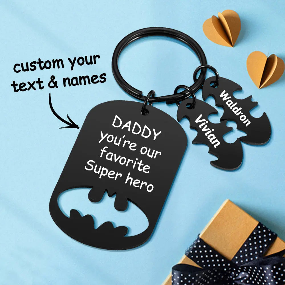 Superhero Daddy Keychain with Kids Names, Personalized Gift for Dad