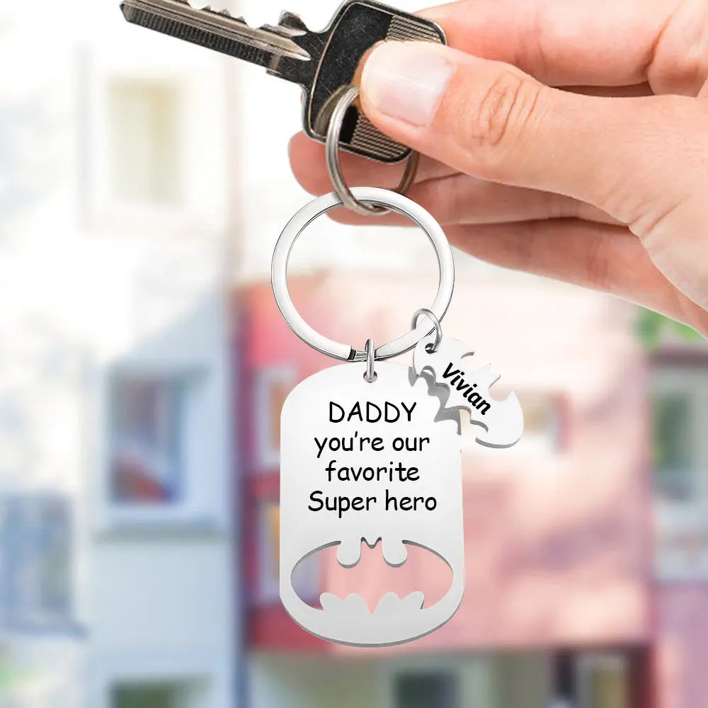 Superhero Daddy Keychain with Kids Names, Personalized Gift for Dad