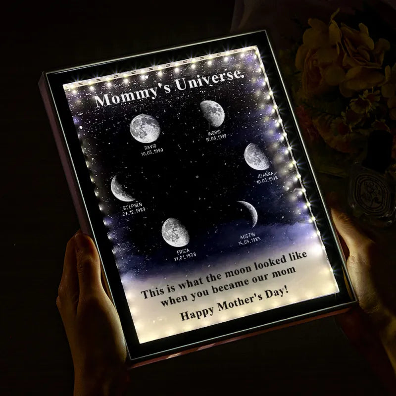 Mommy's Universe Starry Night Personalized Birth Moon Phase Mirror Light Box - Mother's Day Gift For Mom