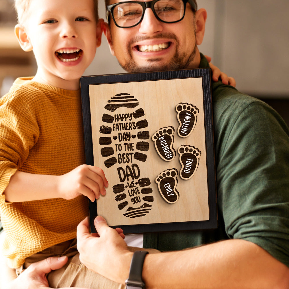 Personalized Footprints Wooden Frame Custom Family Member Names Father's Day Gift