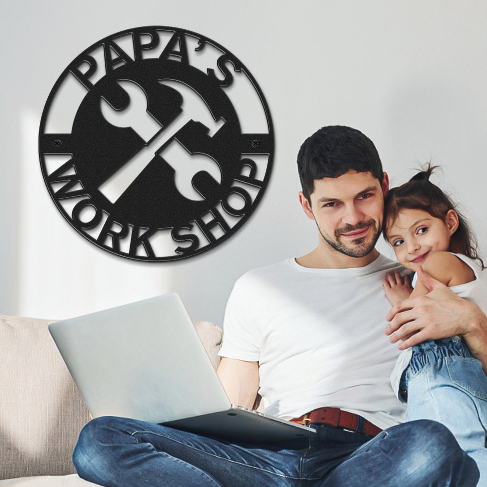 Papa's Workshop Metal Sign Personalized LED Lights Wall Art Decor, Gift for Dad