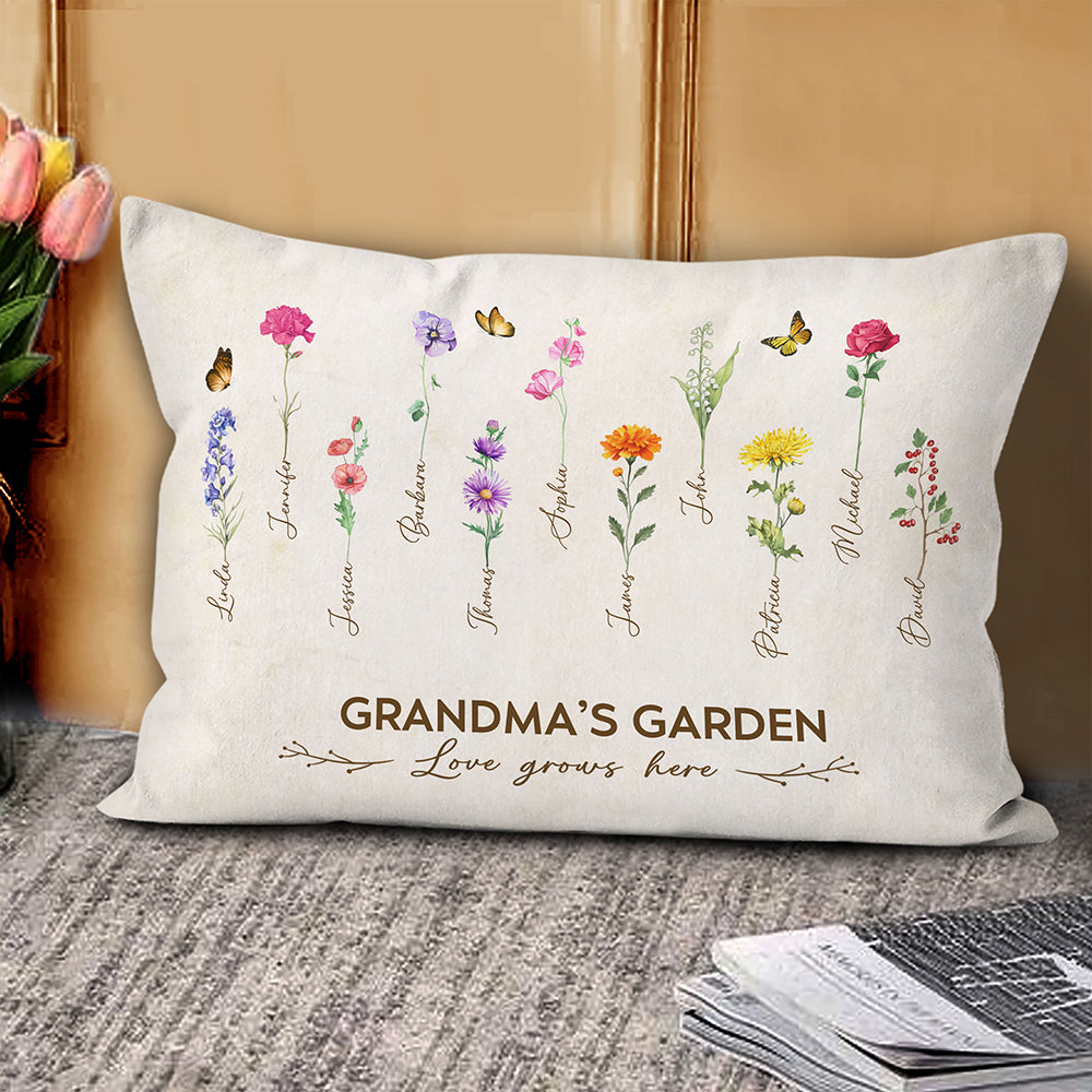 Grandma's Garden Birth Month Flower Personalized Pillow For Grandma