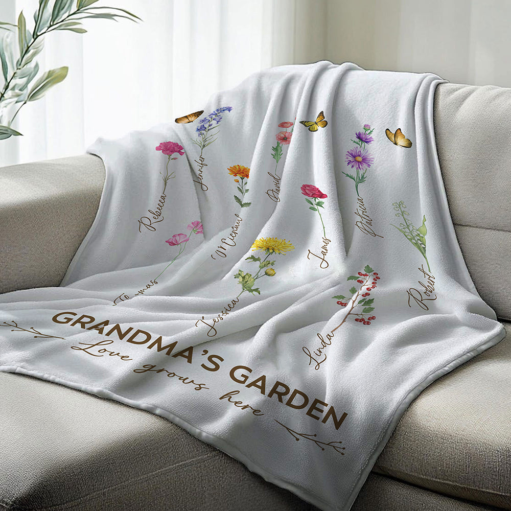 Grandma's Garden Birth Month Flower Personalized Blanket For Grandma