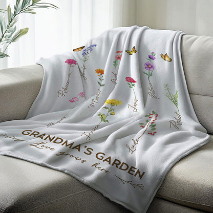 Grandma's Garden Birth Month Flower Personalized Blanket For Grandma