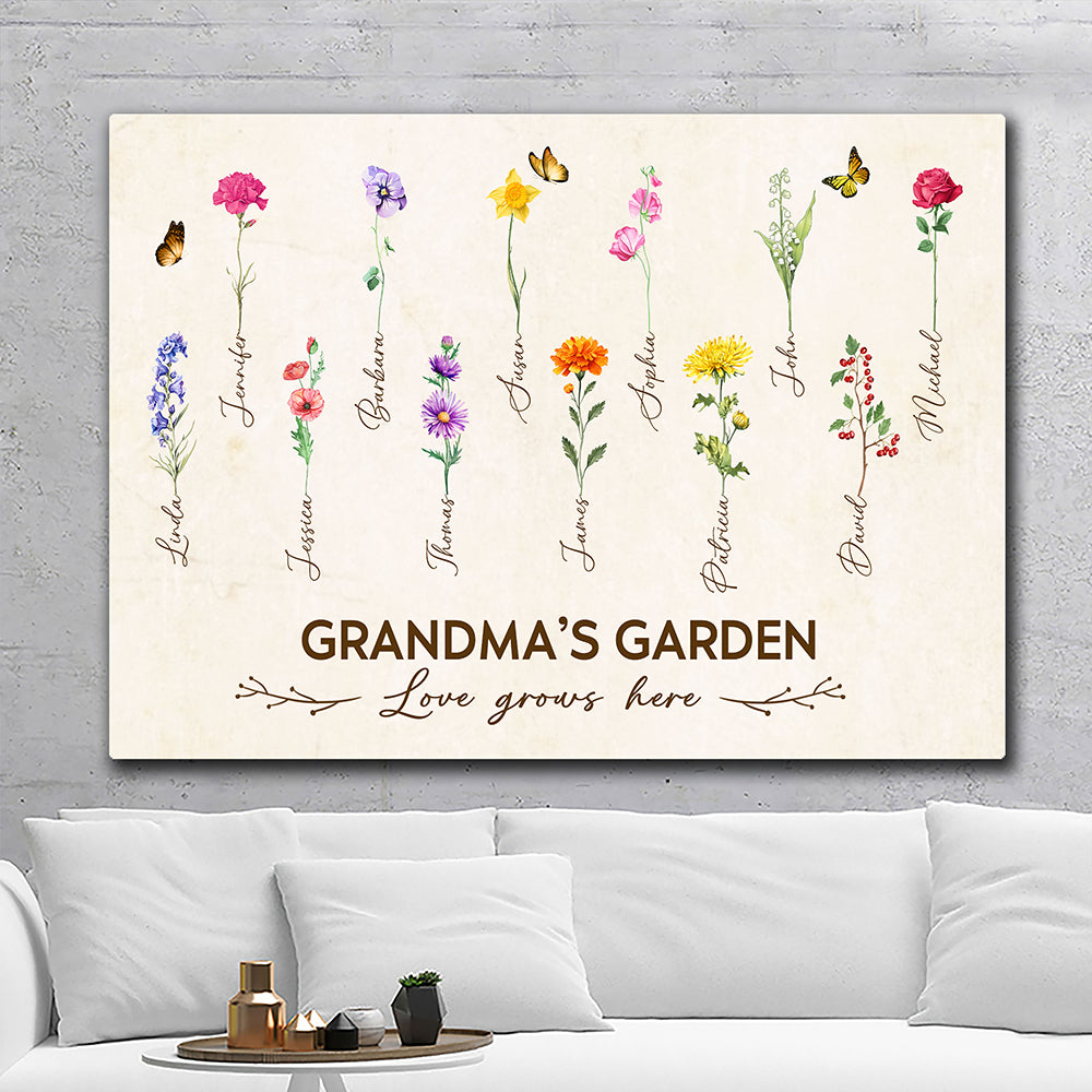 Grandma's Garden Birth Month Flower Personalized Canvas For Grandma