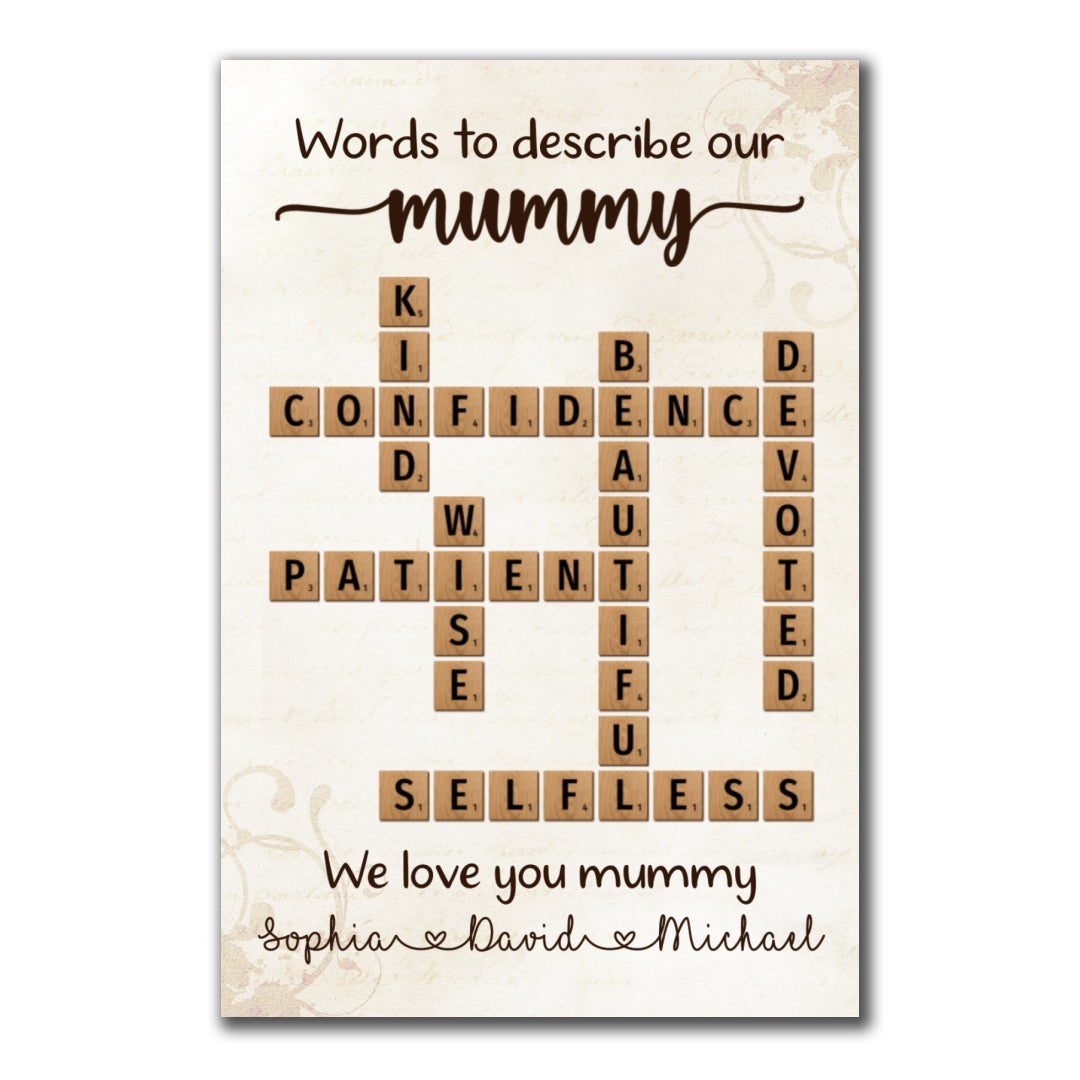 Words To Describe Mummy Crossword Poster Personalized Gift For Mum