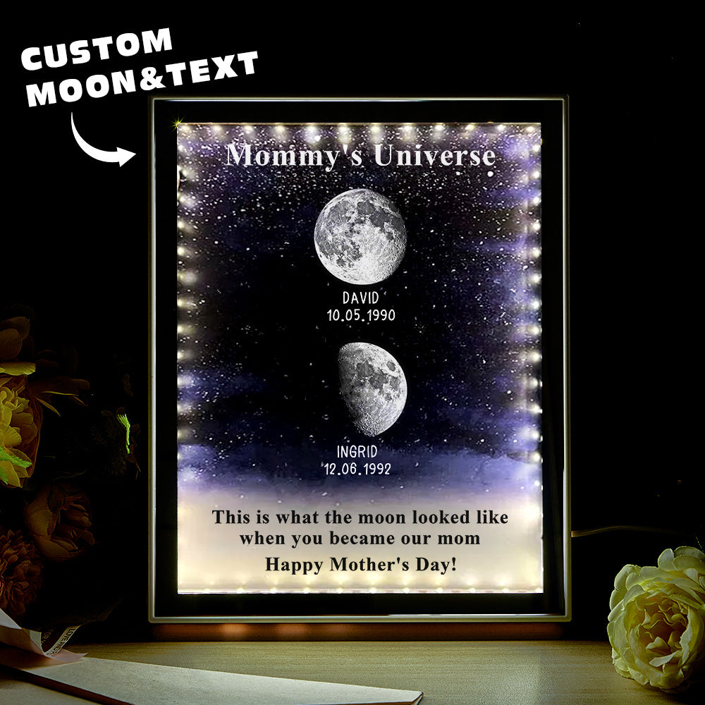 Mommy's Universe Starry Night Personalized Birth Moon Phase Mirror Light Box - Mother's Day Gift For Mom