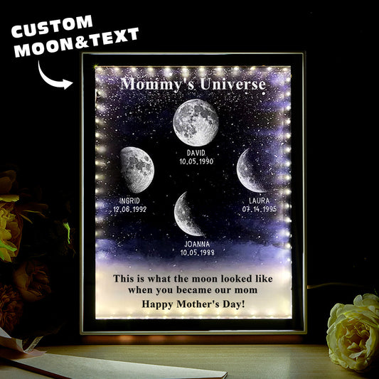 Mommy's Universe Starry Night Personalized Birth Moon Phase Mirror Light Box - Mother's Day Gift For Mom