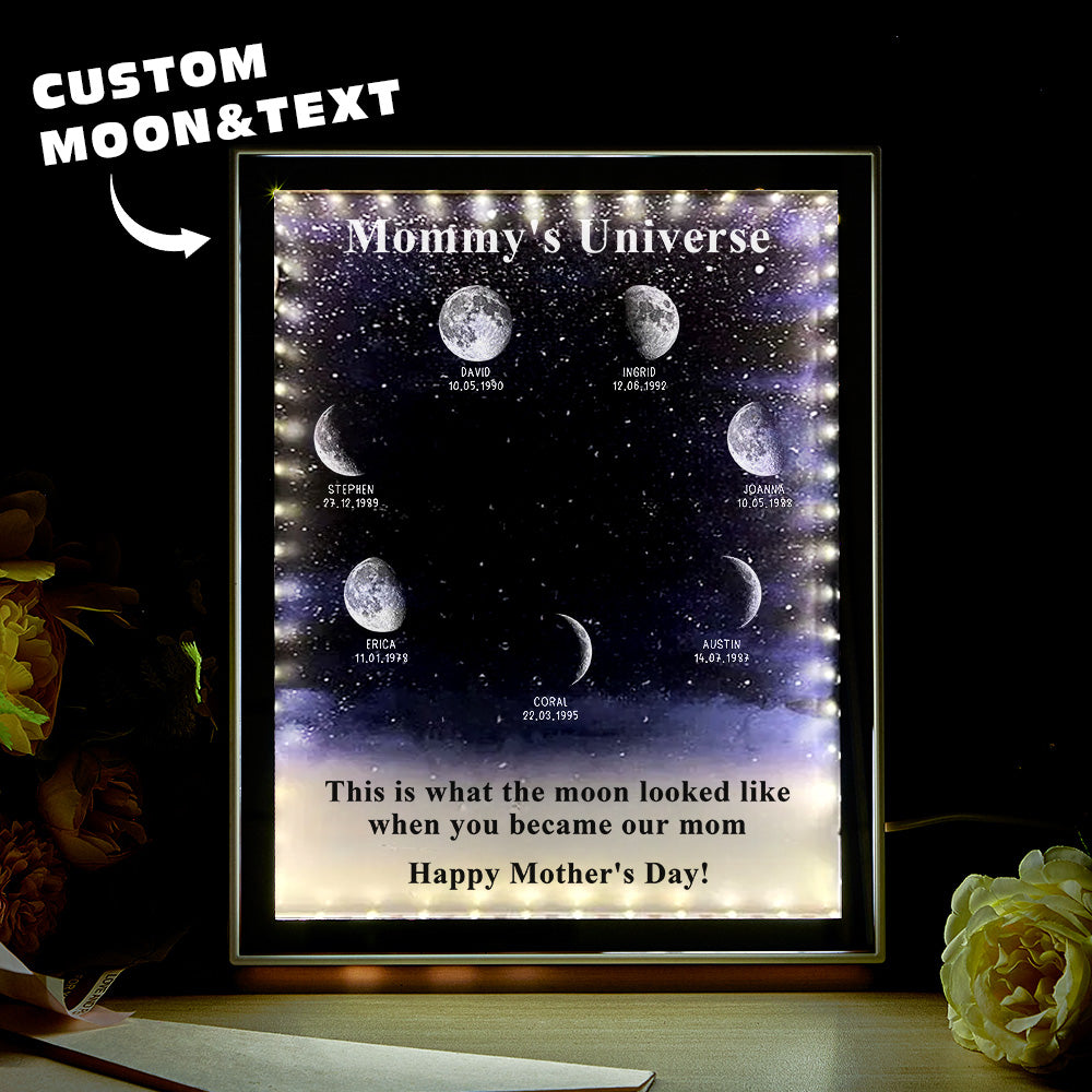 Mommy's Universe Starry Night Personalized Birth Moon Phase Mirror Light Box - Mother's Day Gift For Mom