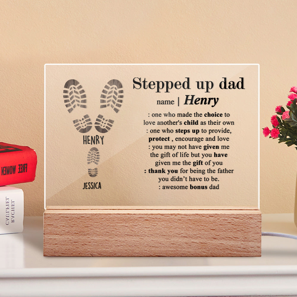 Stepped Up Dad Engraved Night Light - Custom Acrylic Lamp With Names - Personalized Gifts for Step Dad