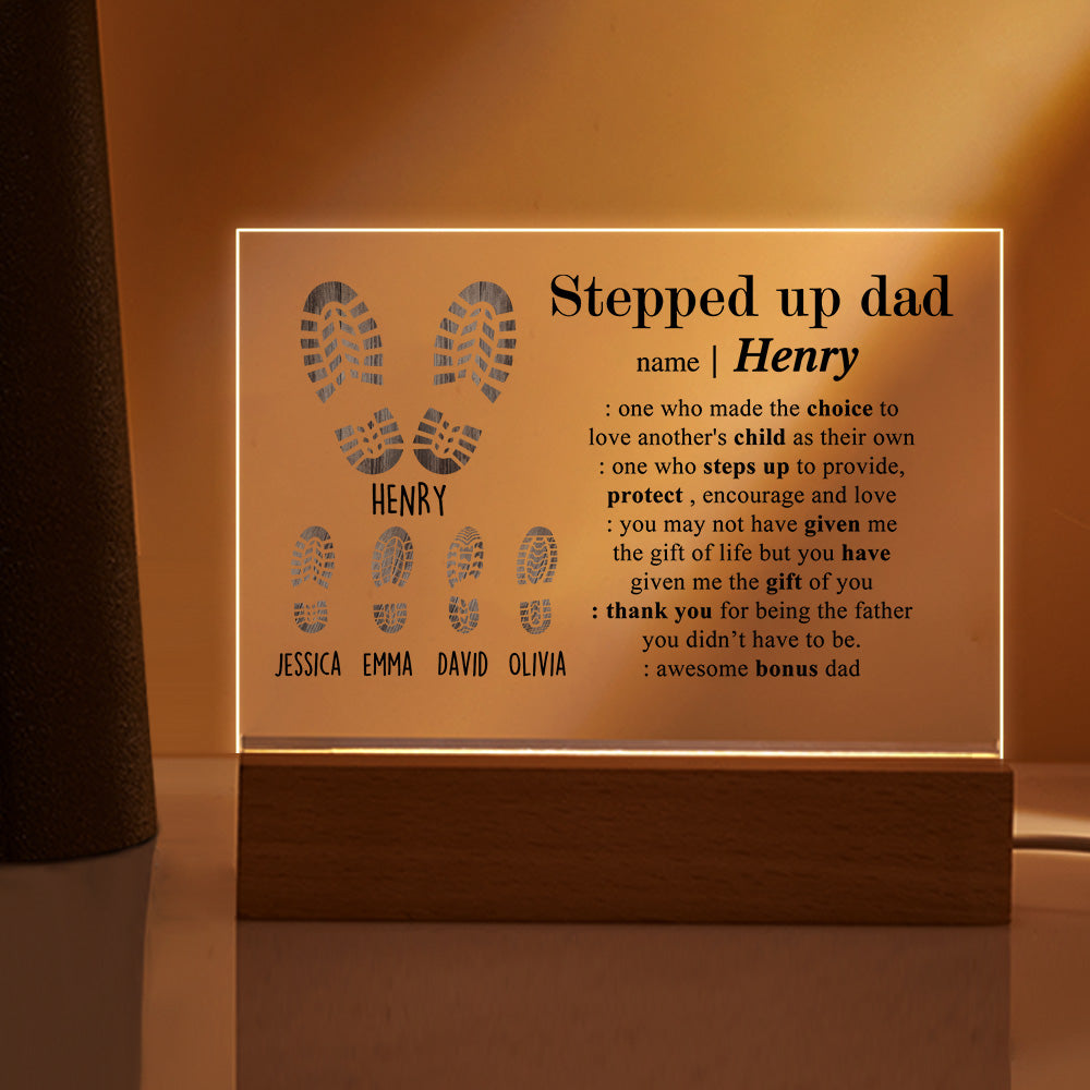 Stepped Up Dad Engraved Night Light - Custom Acrylic Lamp With Names - Personalized Gifts for Step Dad