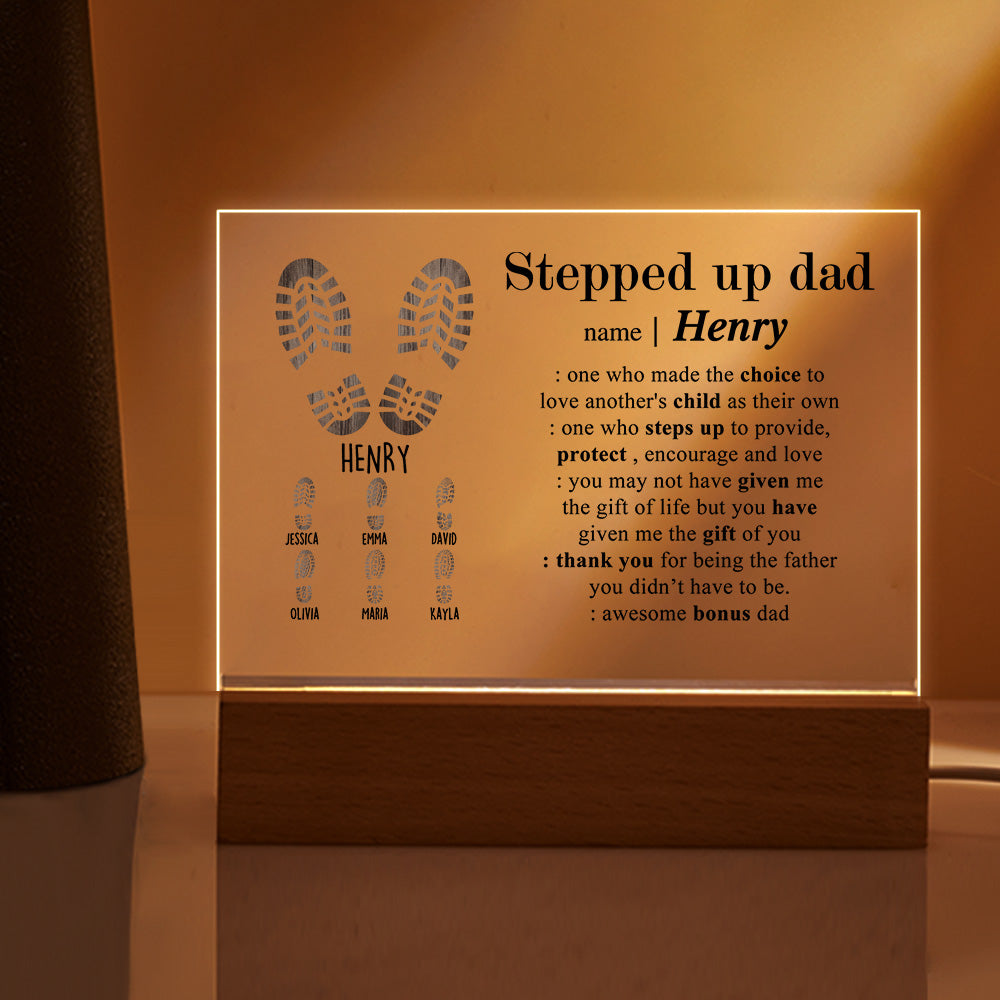 Stepped Up Dad Engraved Night Light - Custom Acrylic Lamp With Names - Personalized Gifts for Step Dad