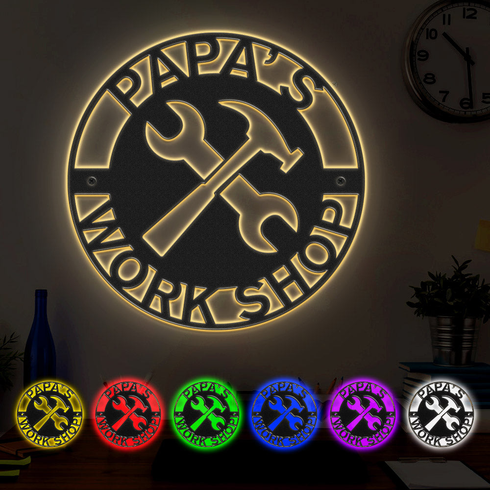 Papa's Workshop Metal Sign Personalized LED Lights Wall Art Decor, Gift for Dad