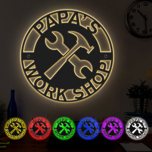 Papa's Workshop Metal Sign Personalized LED Lights Wall Art Decor, Gift for Dad