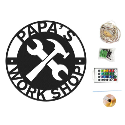 Papa's Workshop Metal Sign Personalized LED Lights Wall Art Decor, Gift for Dad