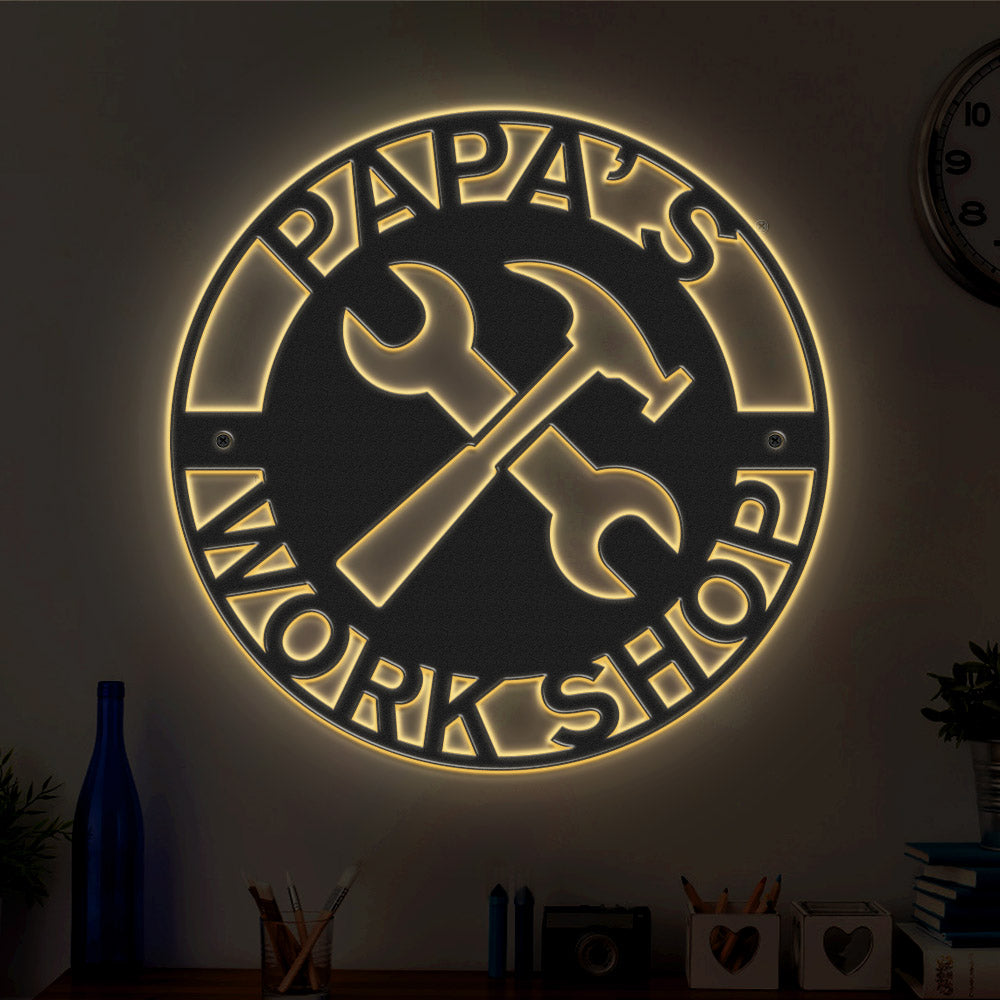 Papa's Workshop Metal Sign Personalized LED Lights Wall Art Decor, Gift for Dad