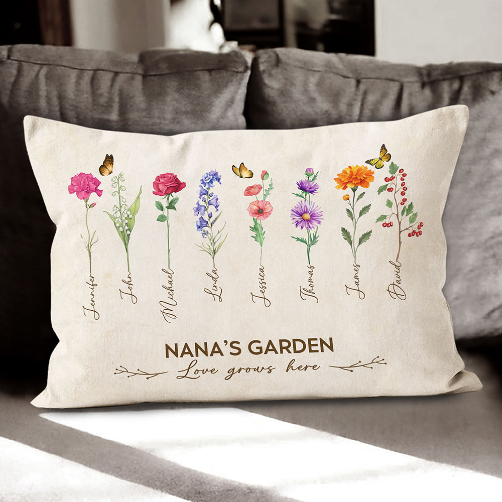 Grandma's Garden Birth Month Flower Personalized Pillow For Grandma