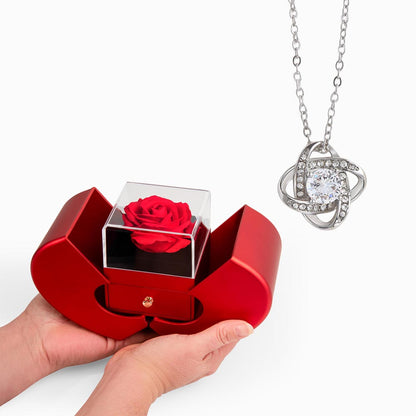 Love Knot Necklace with Red Heart Rose Box - Luxury Gift For Her