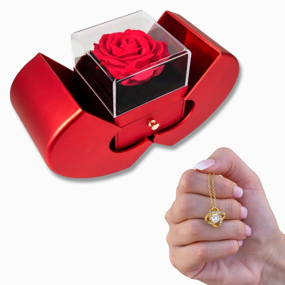 Love Knot Necklace with Red Heart Rose Box - Luxury Gift For Her