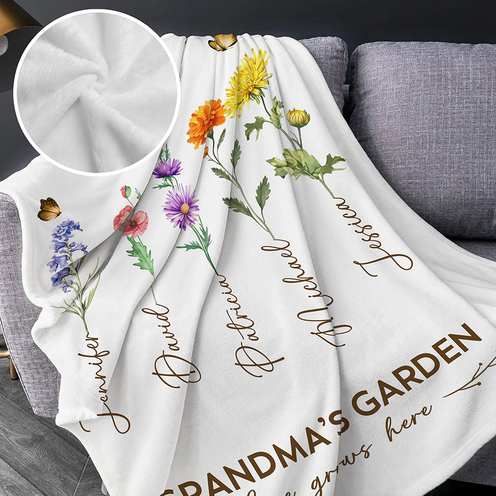 Grandma's Garden Birth Month Flower Personalized Blanket For Grandma