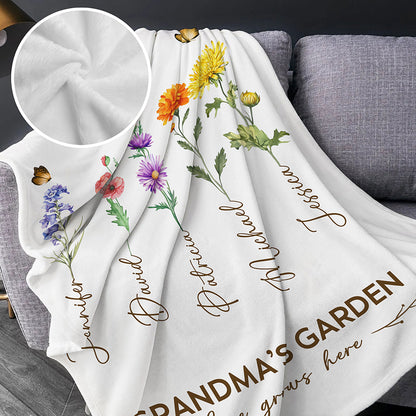 Grandma's Garden Birth Month Flower Personalized Blanket For Grandma