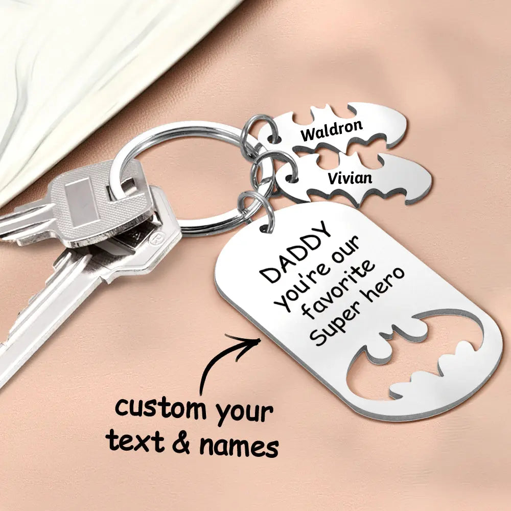 Superhero Daddy Keychain with Kids Names, Personalized Gift for Dad