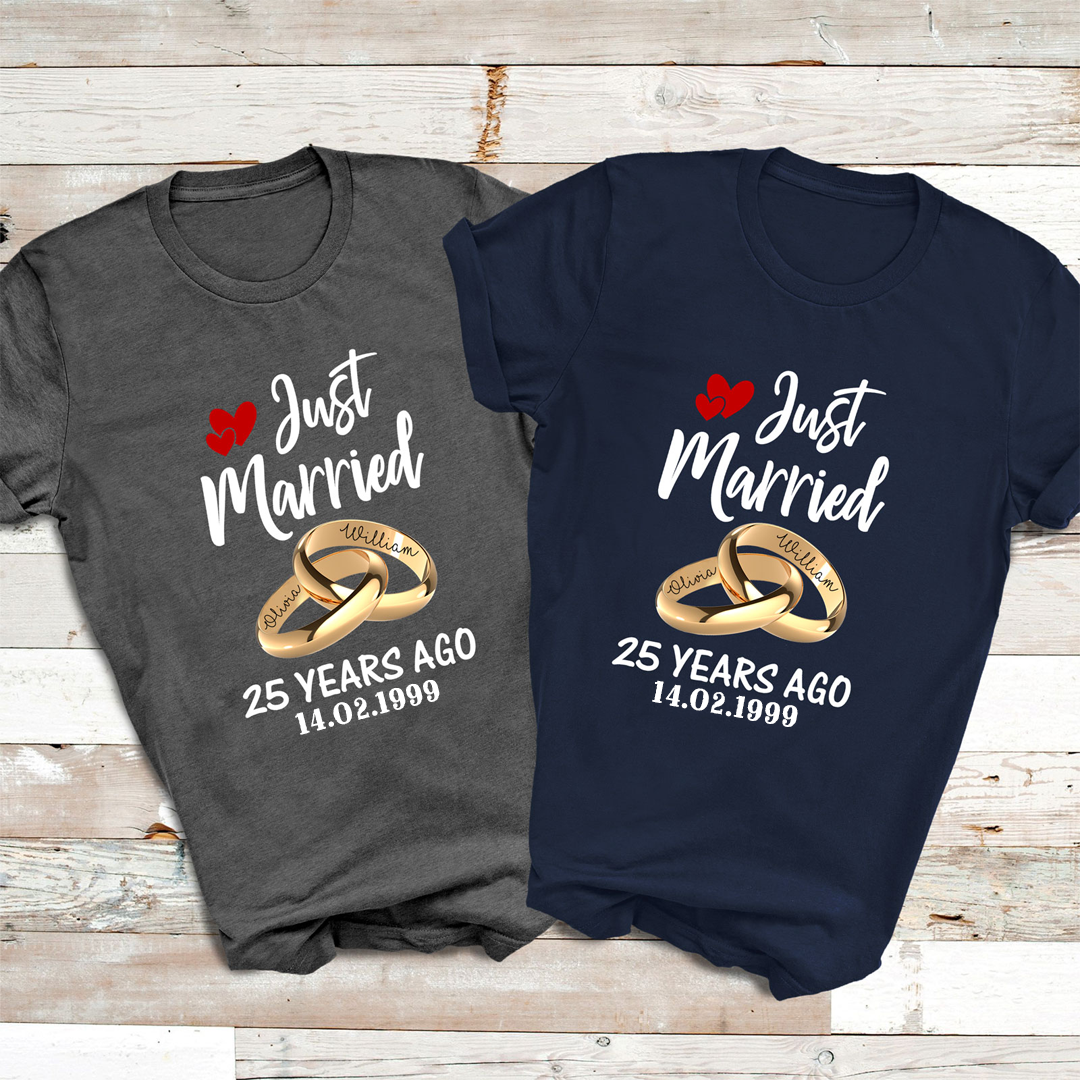 Just Married Couple Matching T-Shirt Personalized  Wedding Anniversary By Year 1-60 Years Gifts