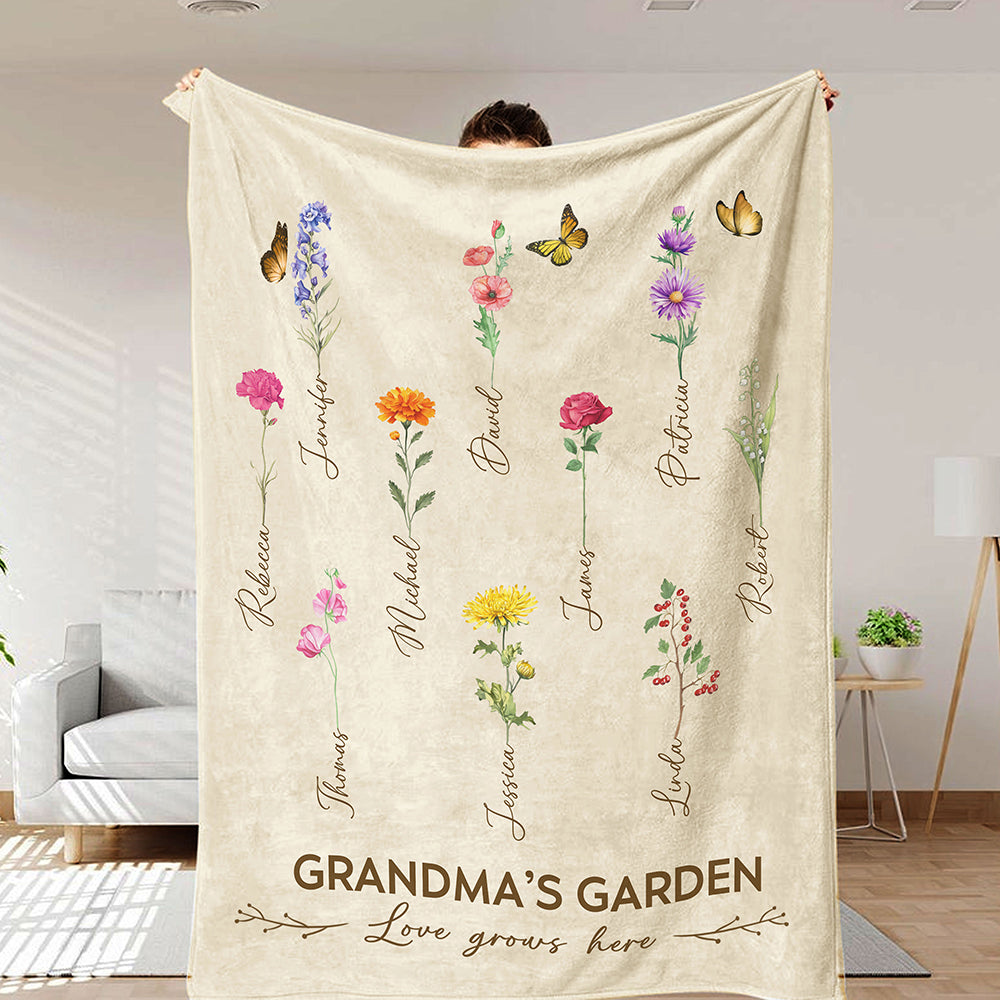 Grandma's Garden Birth Month Flower Personalized Blanket For Grandma