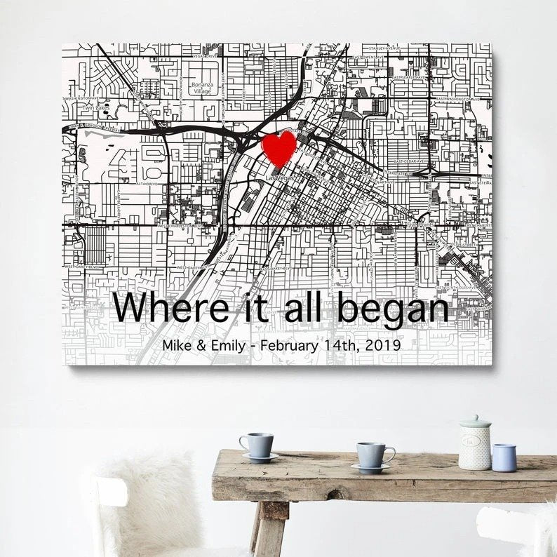 The First Meeting Street Map Canvas Personalized Anniversary Gift For Couple For Her For Him