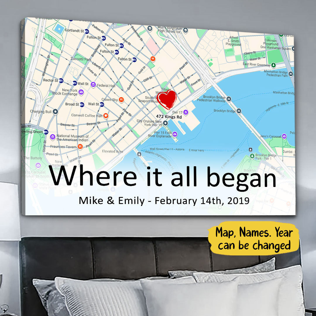 The First Meeting Street Map Canvas Personalized Anniversary Gift For Couple For Her For Him