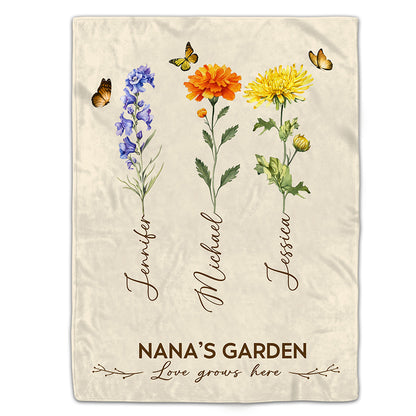Grandma's Garden Birth Month Flower Personalized Blanket For Grandma